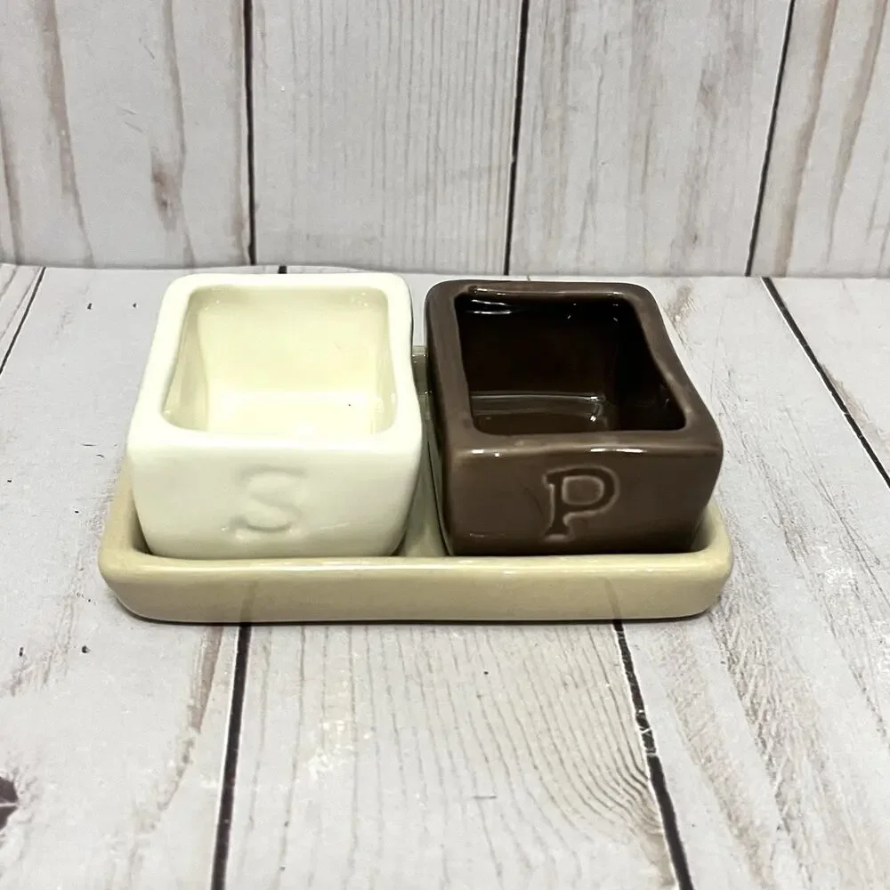 Pottery Barn Salt and Pepper Cellars Crocks with Tray Barbara Eigen